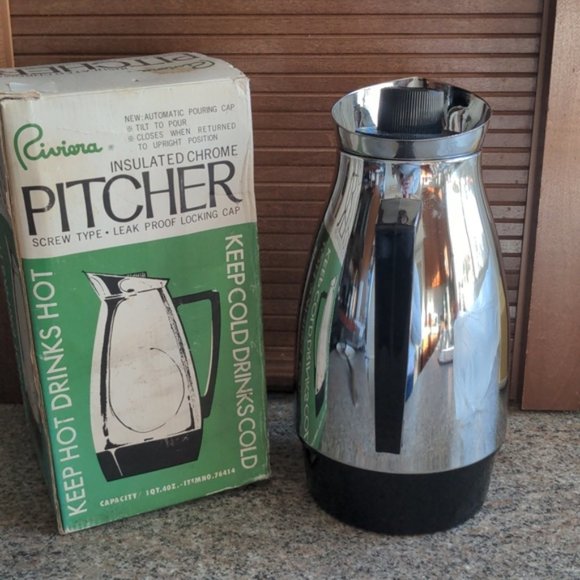 Vintage Riviera Insulated Chrome Pitcher 1 Quart Never Used Original Box - Picture 2 of 14